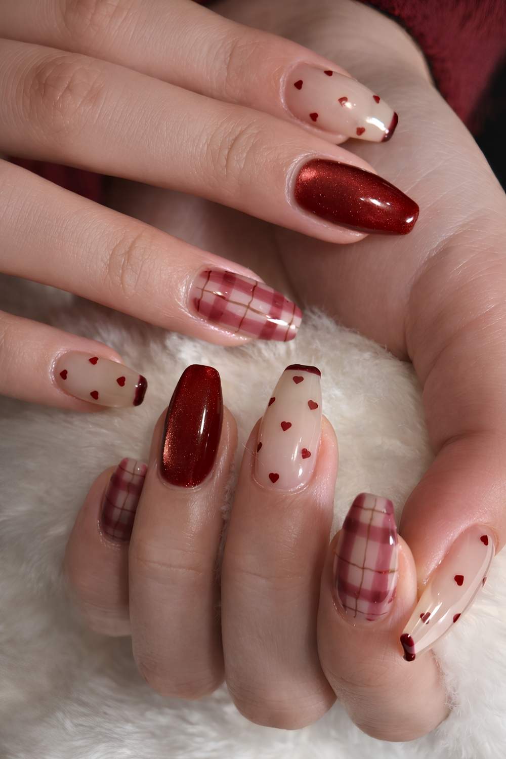 Red and white nails with plaid and hearts