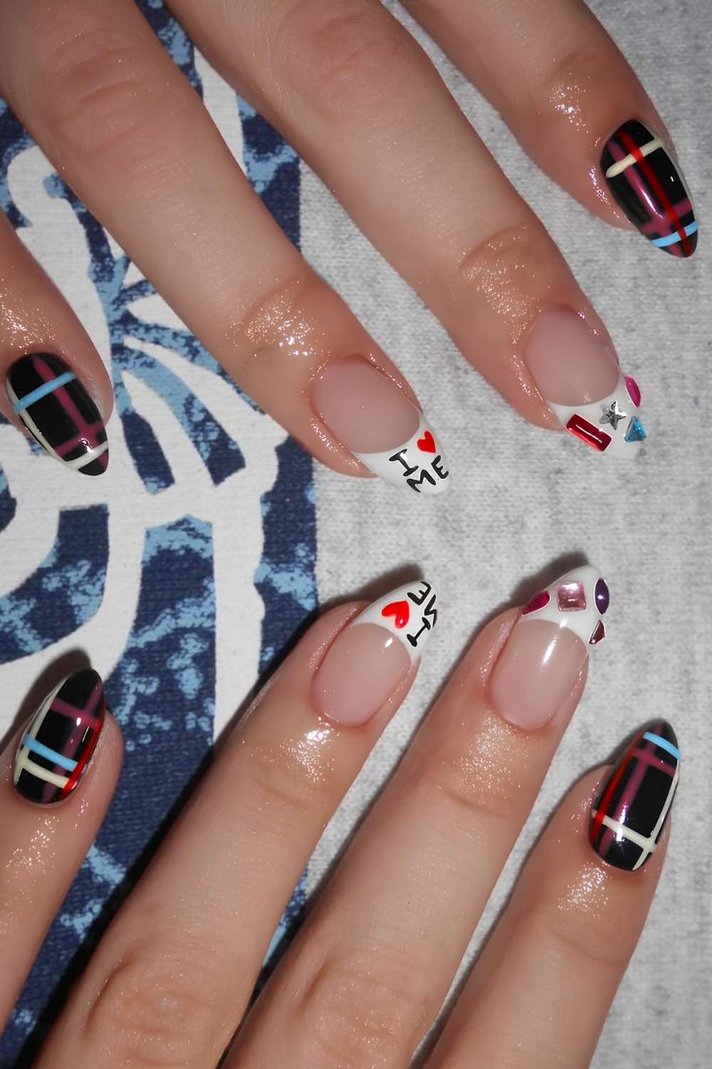 White French mani with gems and plaid art