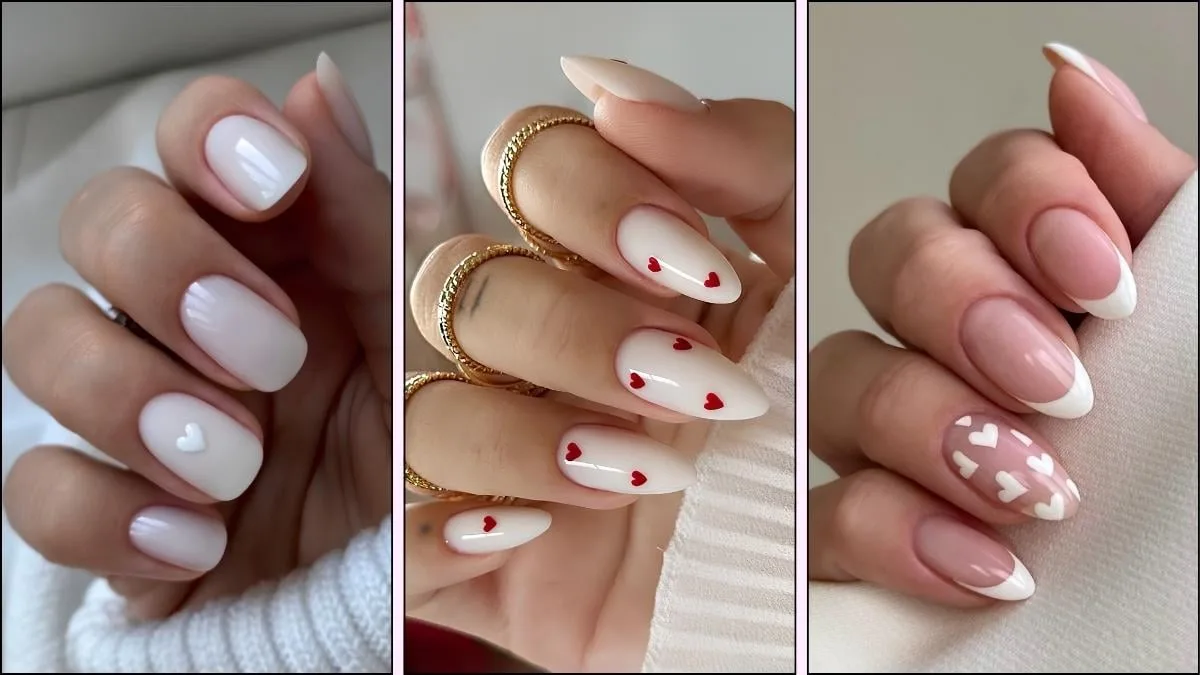 A collage of white nail designs for Valentine's Day