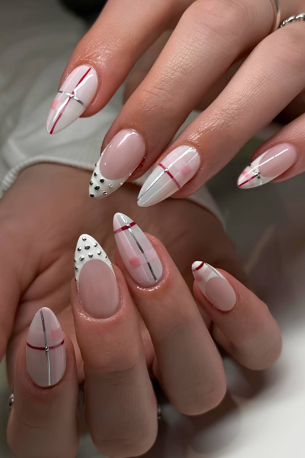 White and pink nails with plaid and silver beads