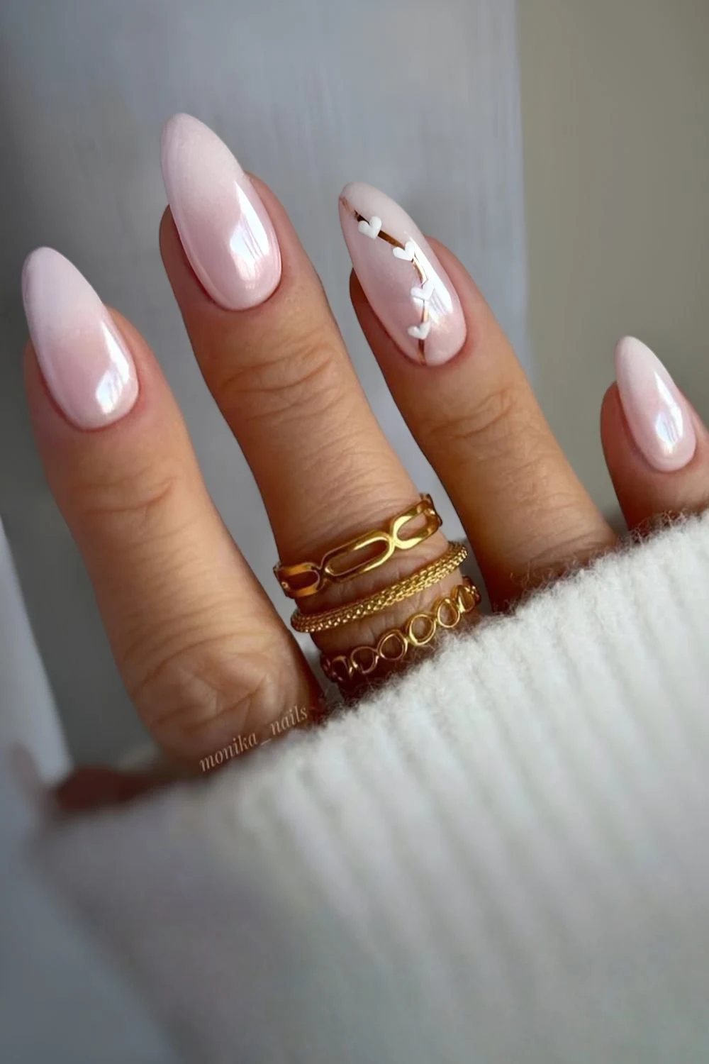 White chrome ombre mani with heart art