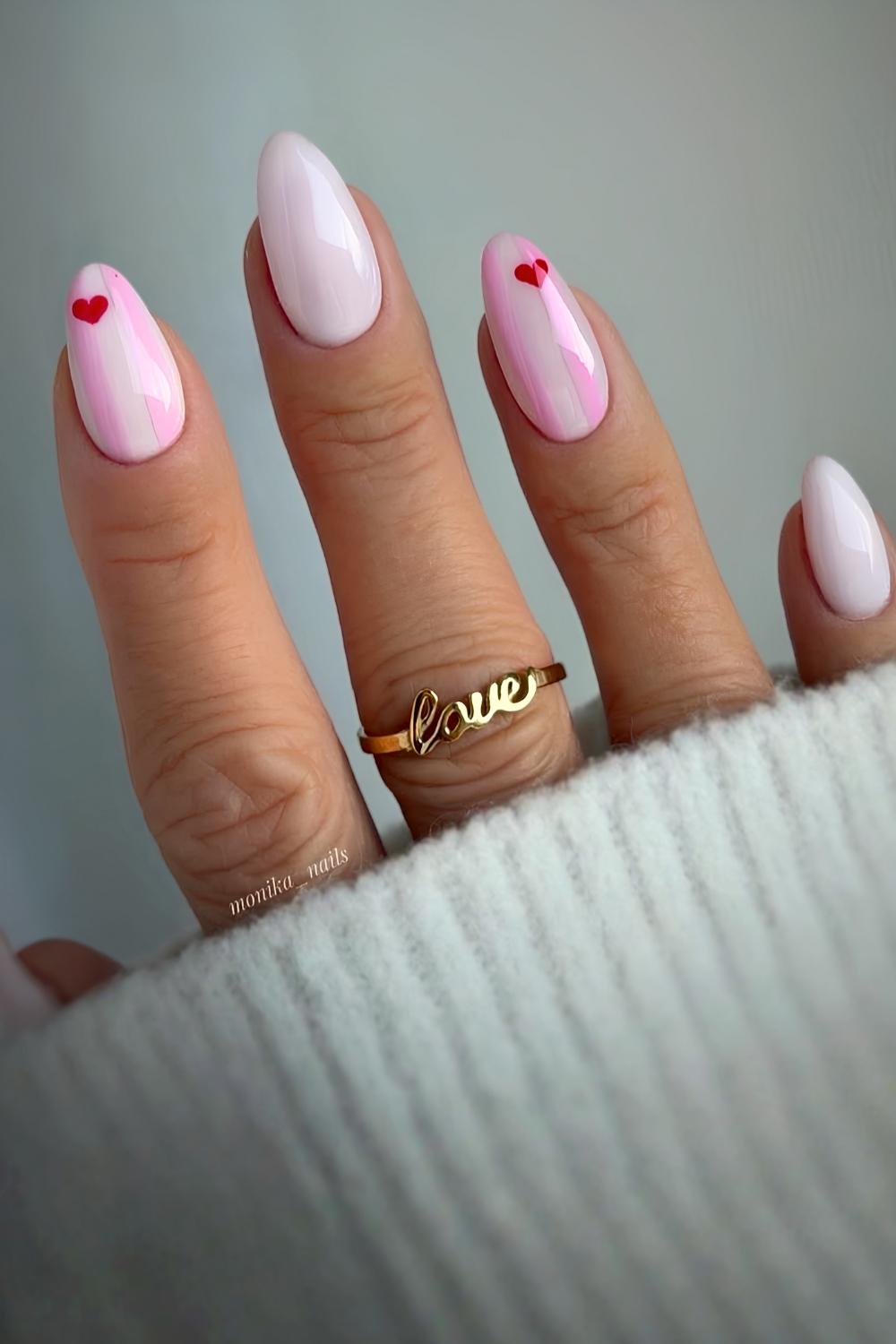 White nails with stripe and heart art