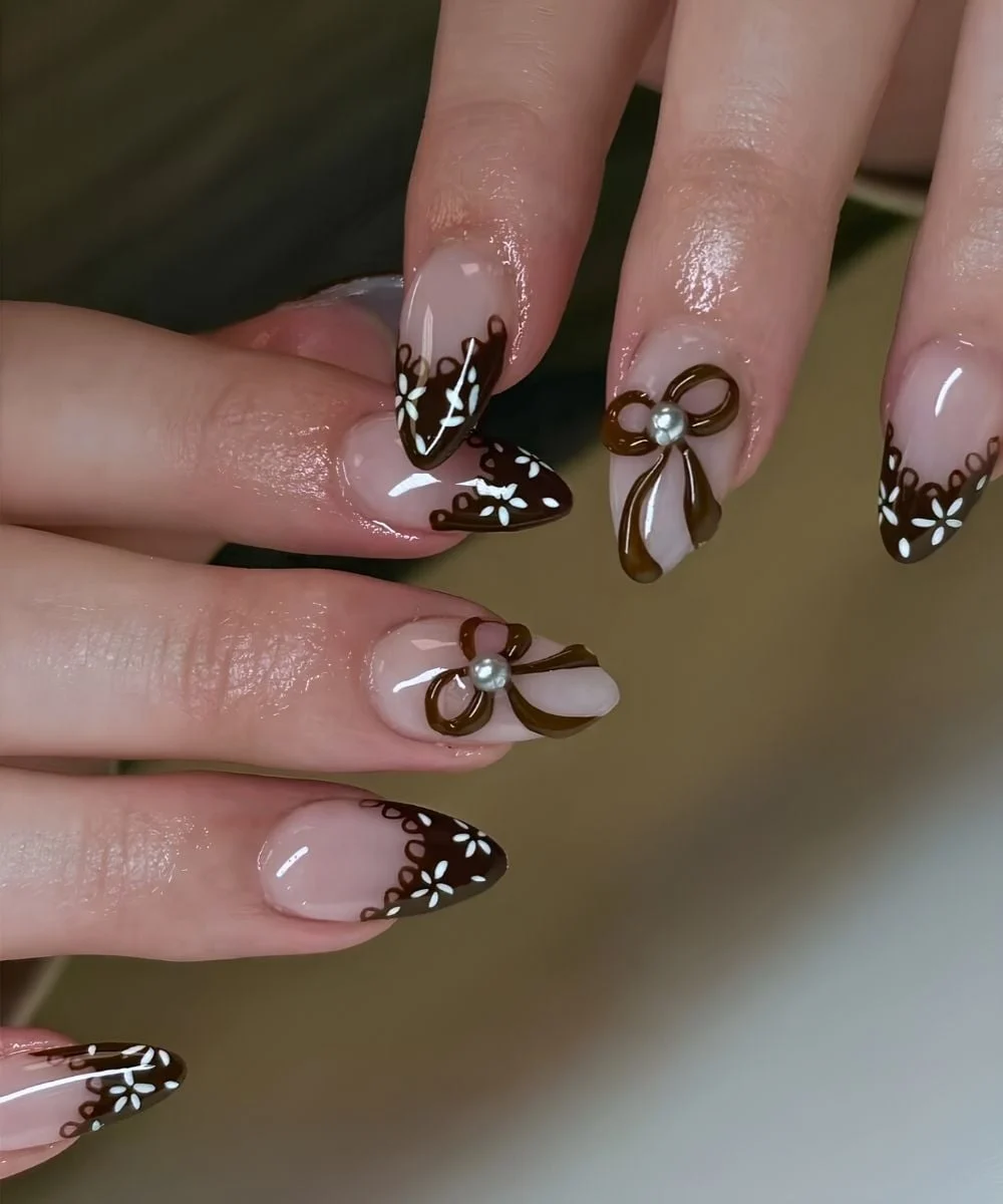 Brown French mani with florals and lace