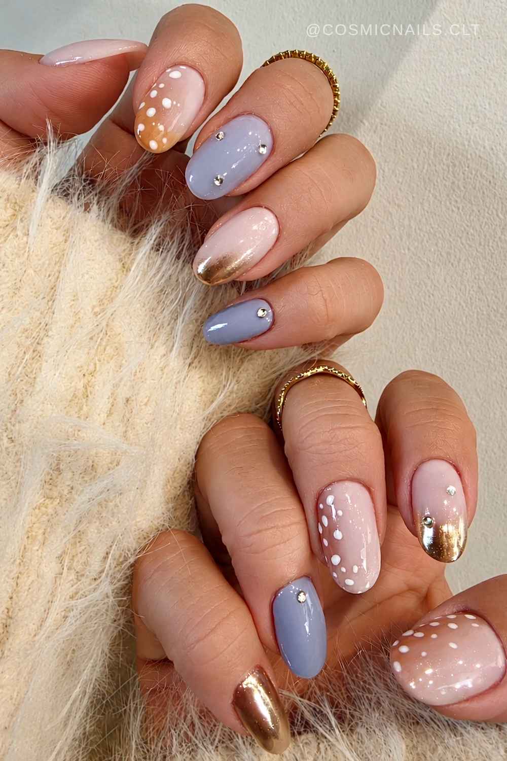 Brown and blue nails with bambi print and gold accents