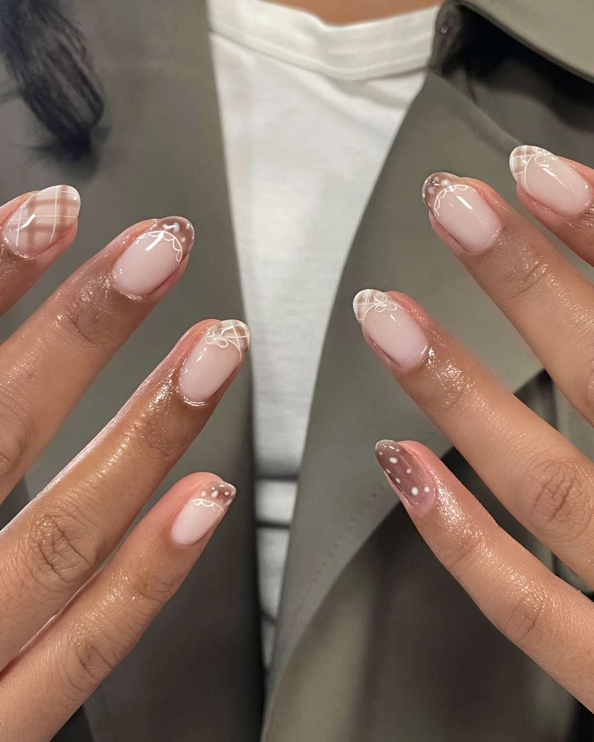 Brown and white mani with plaid and fawn print