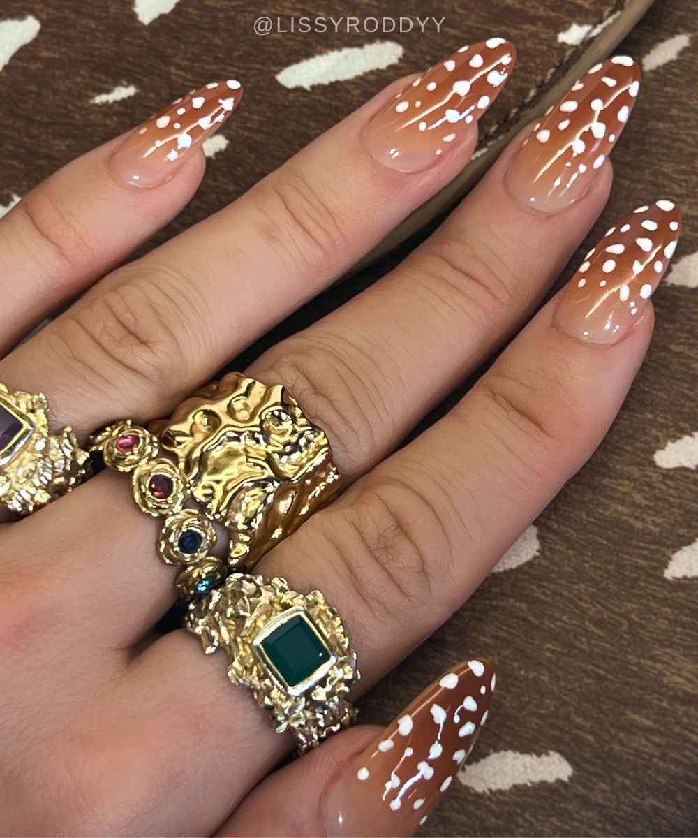 Brown ombre nails with white Bambi spots