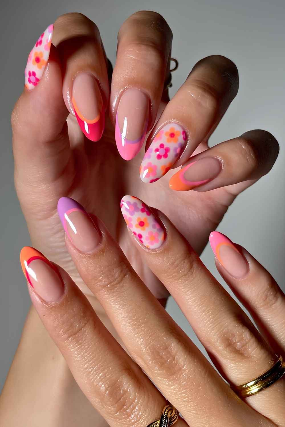 Colorful double French mani with floral print