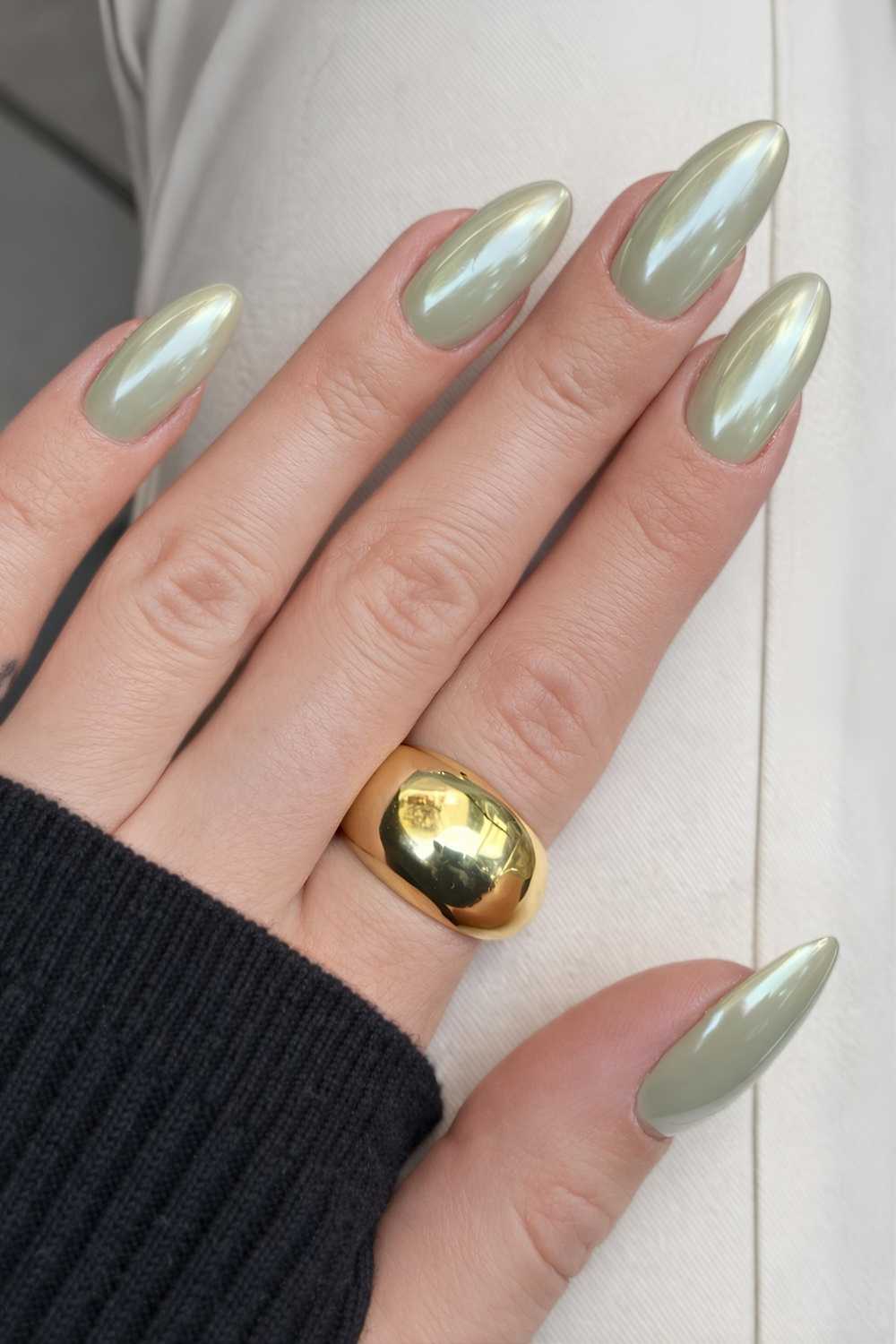 Jade green chrome nails