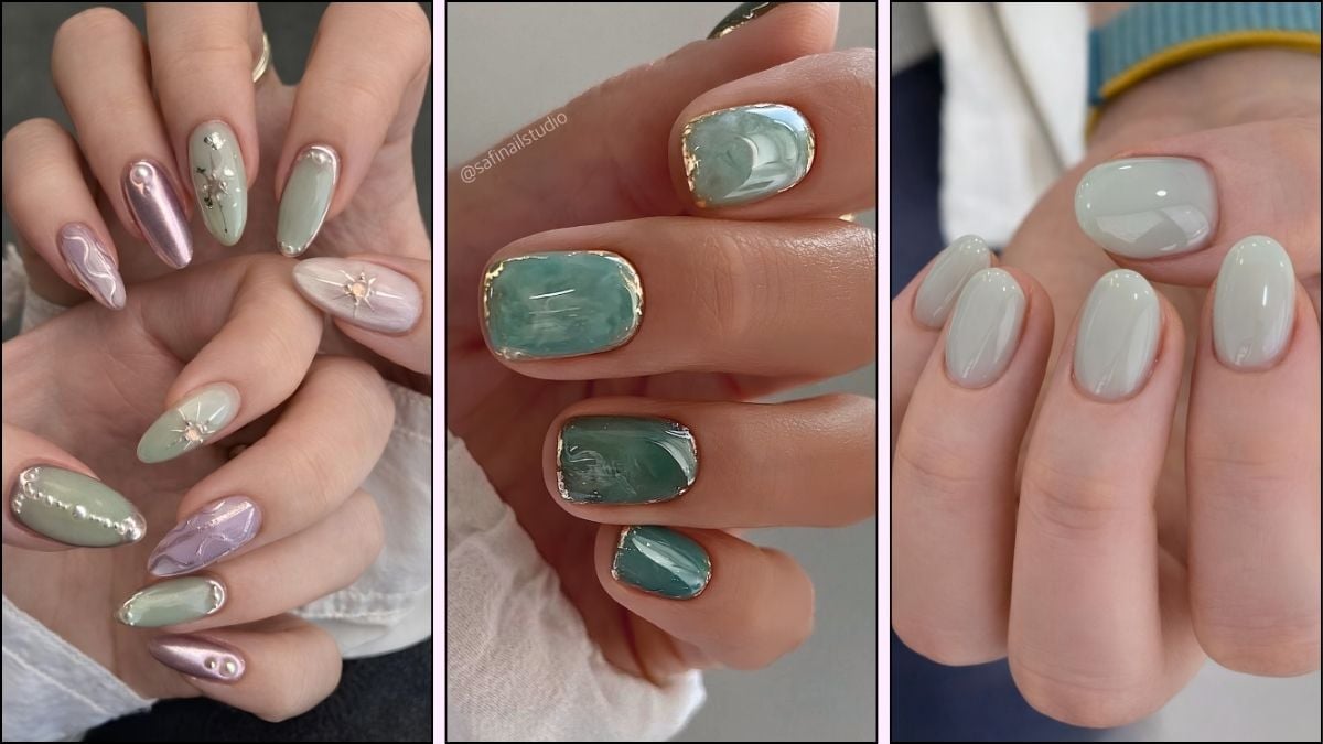A collage of jade nail designs