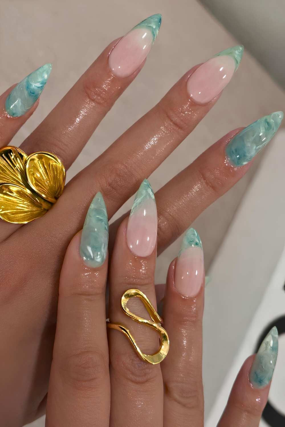 Jade marble nails with accent French tips
