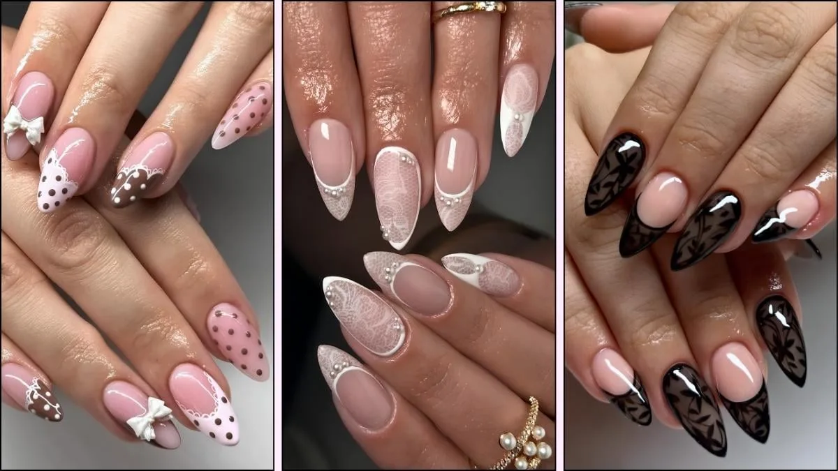 A collage of lace nail designs
