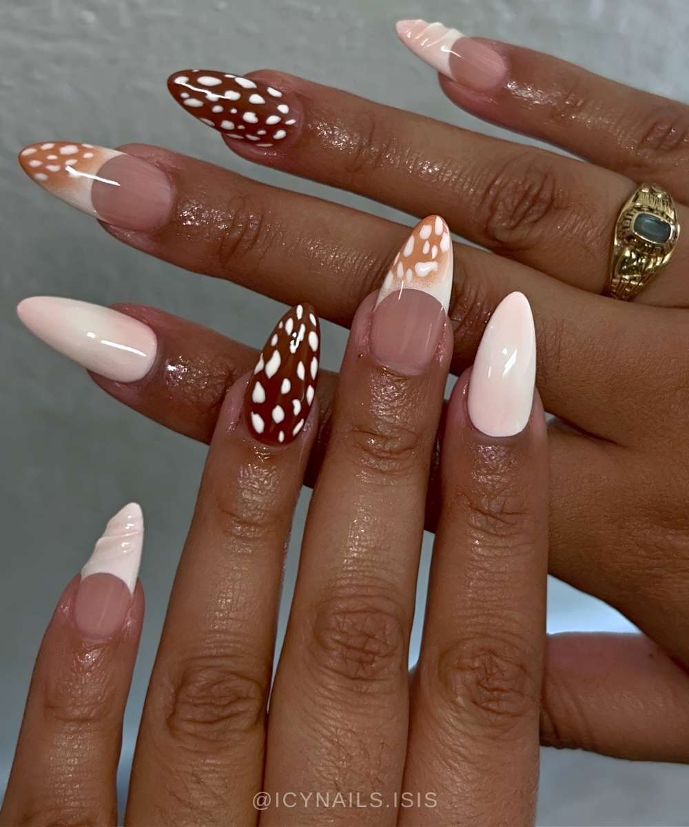 Milky almond nails with accent deer print