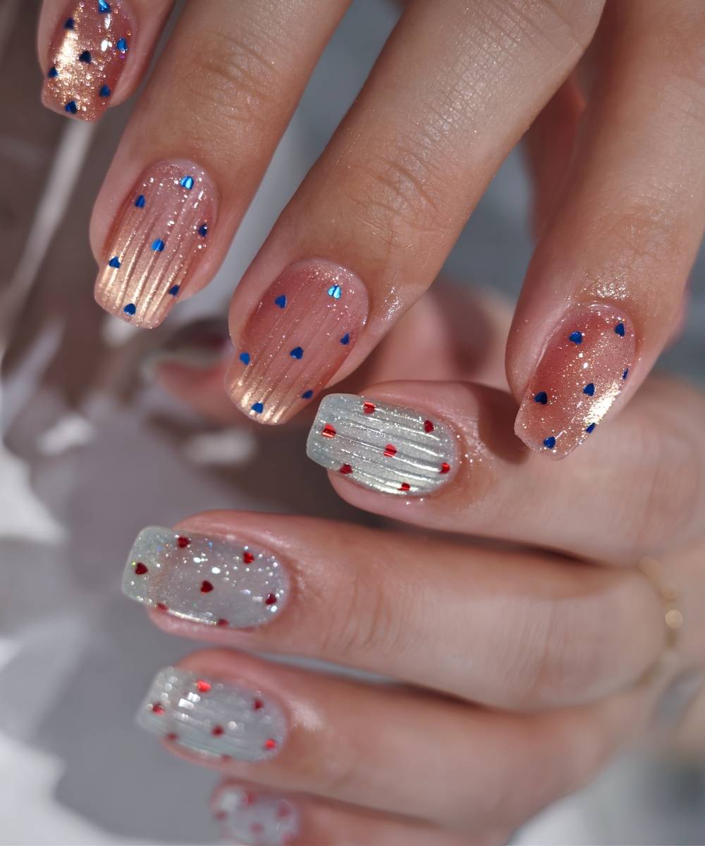 Pink and blue ribbed glass nails with hearts