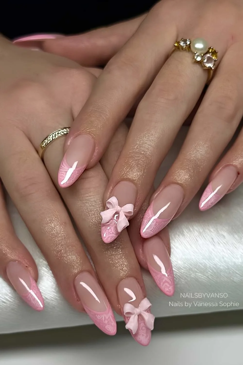 Pink lace French mani with bows