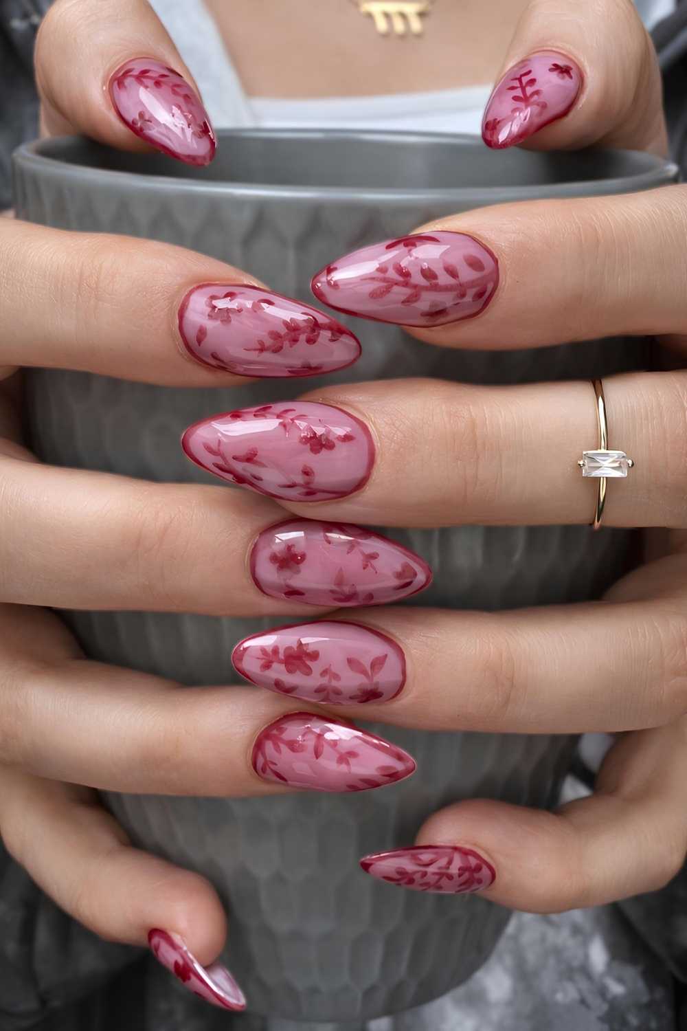 Pink lace inspired floral nails