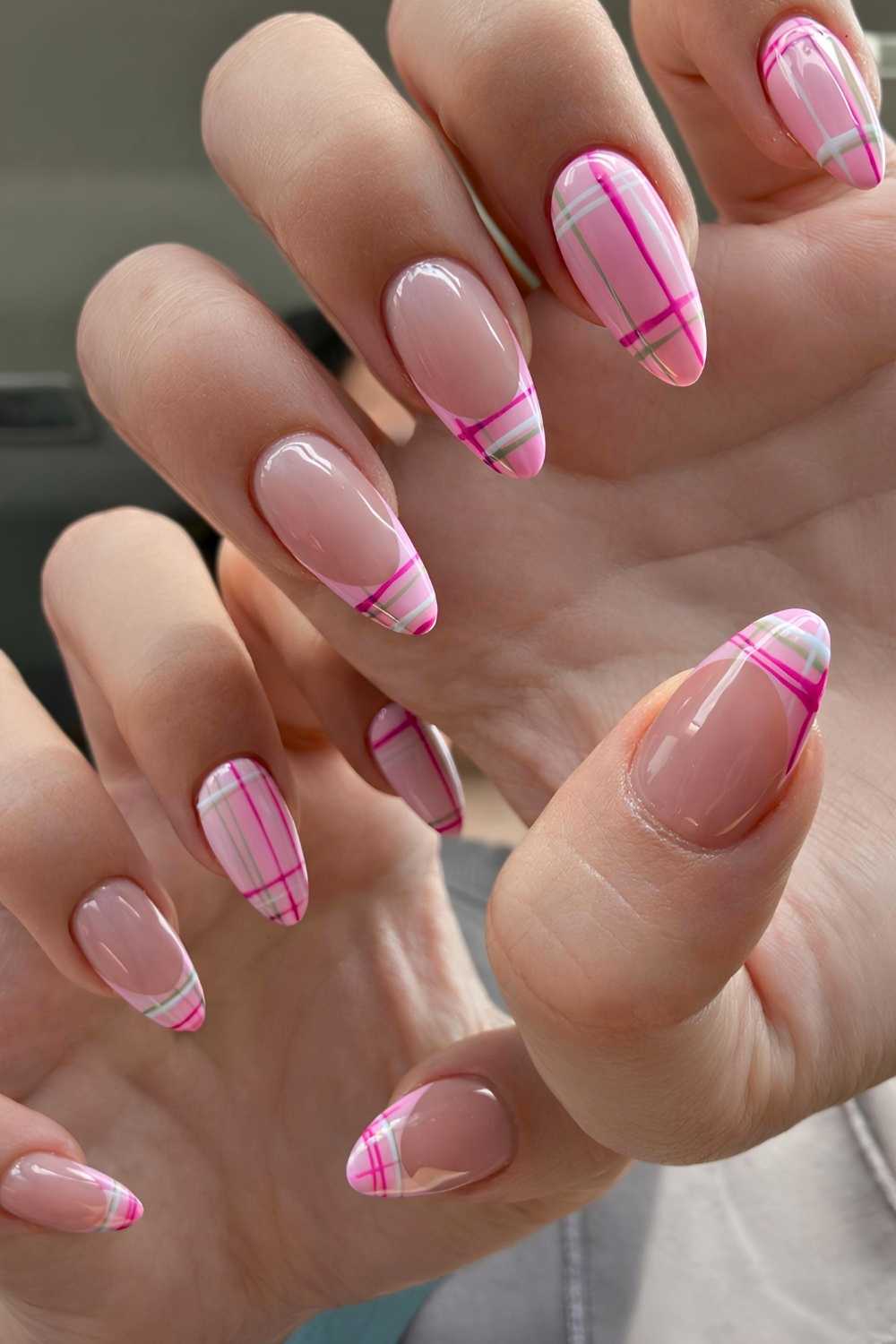 Pink nails with plaid art accents