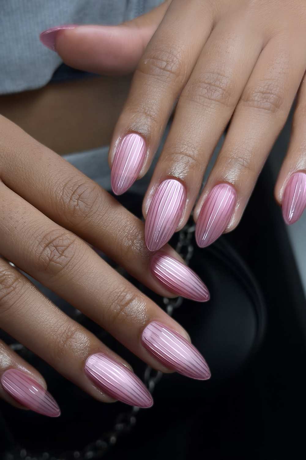 Pink ribbed glass manicure