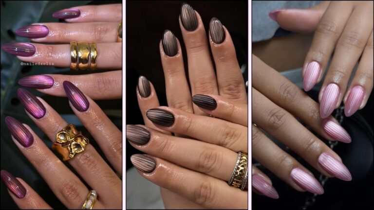 A collage of ribbed glass effect nails