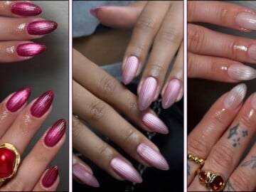 A collage of ribbed flass manicures in different colors