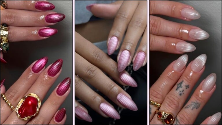 A collage of ribbed flass manicures in different colors