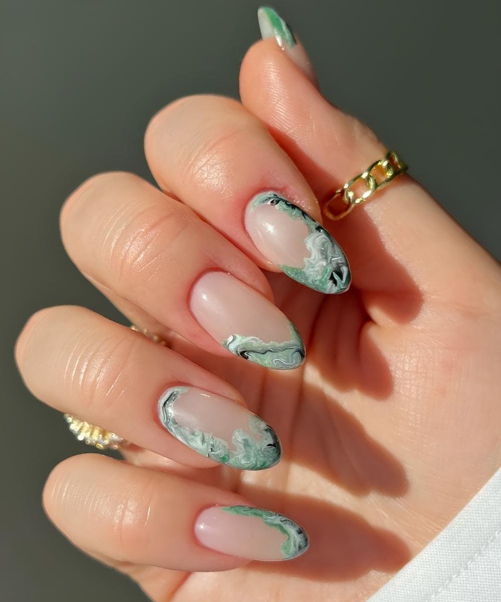 Sheer nails with jade marble accents