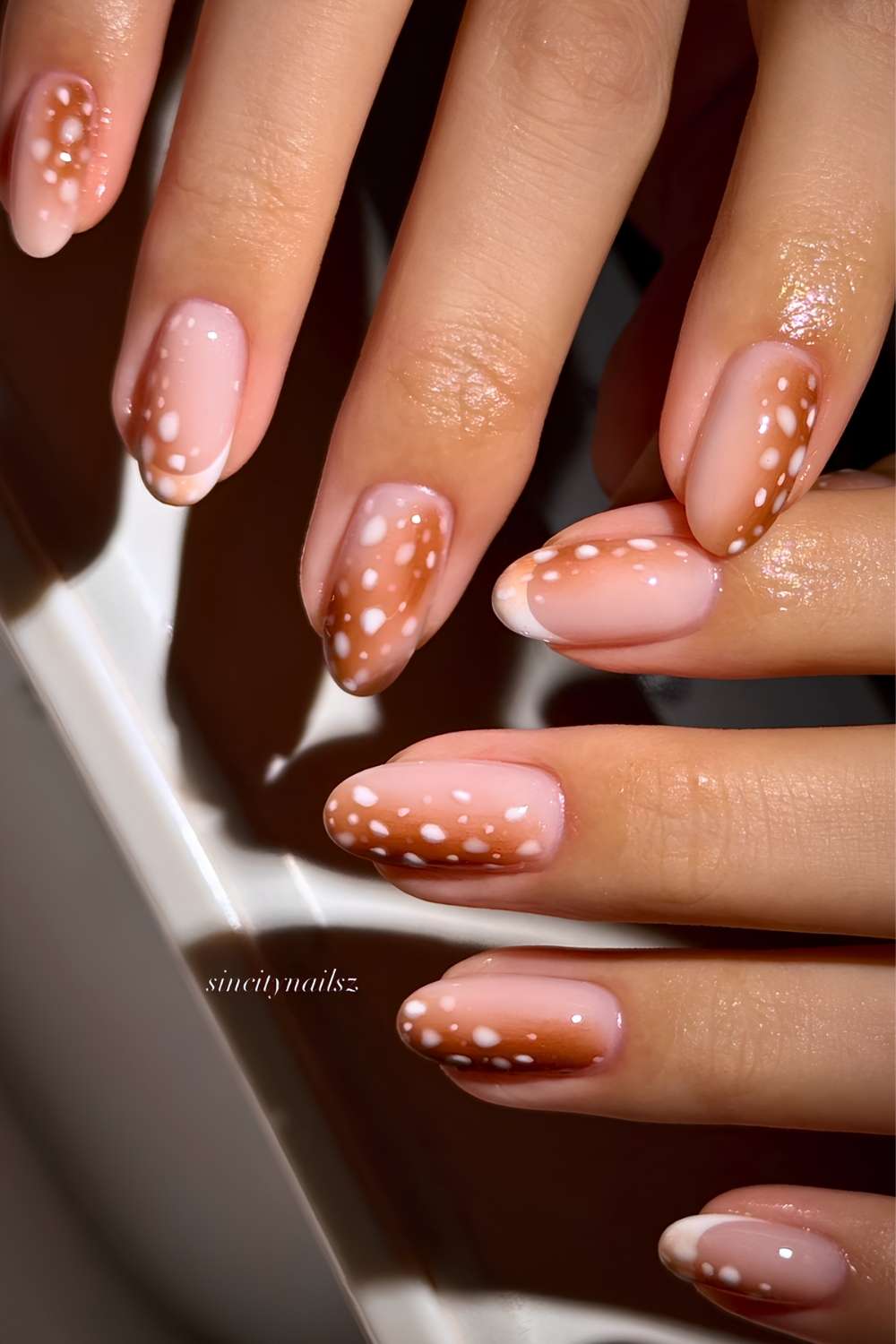 White French mani with brown deer print