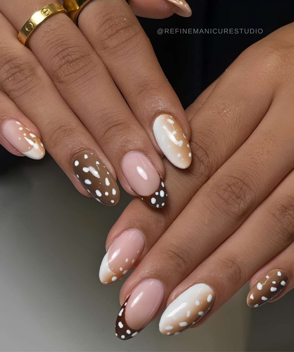 White and brown bambi print nails with accent french tips