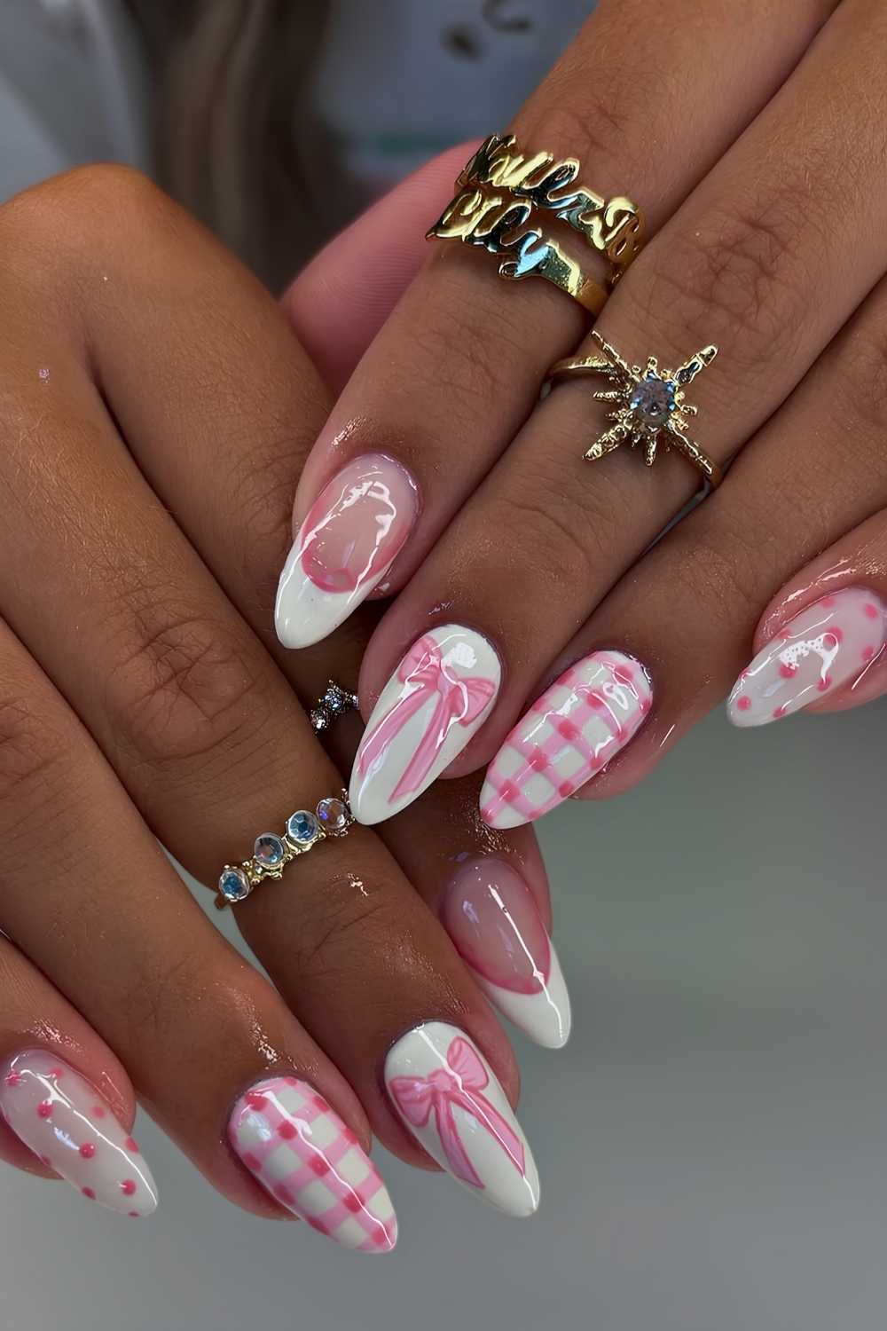 White nails with pink gingham and bow art
