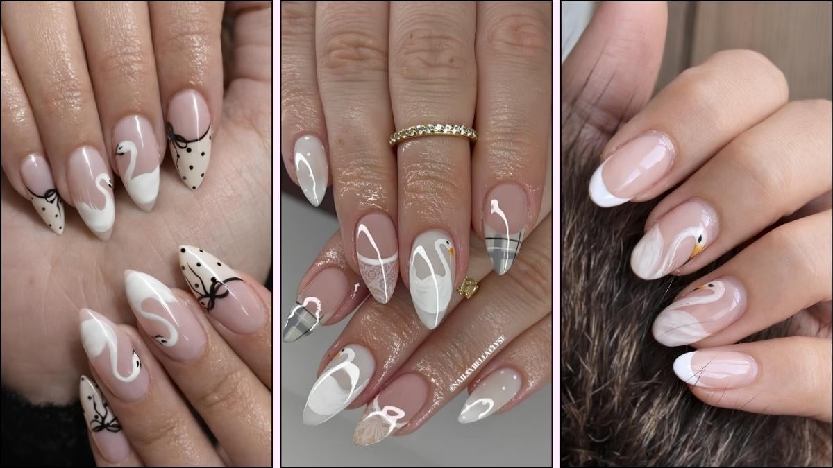 A collage of nail designs with swan art
