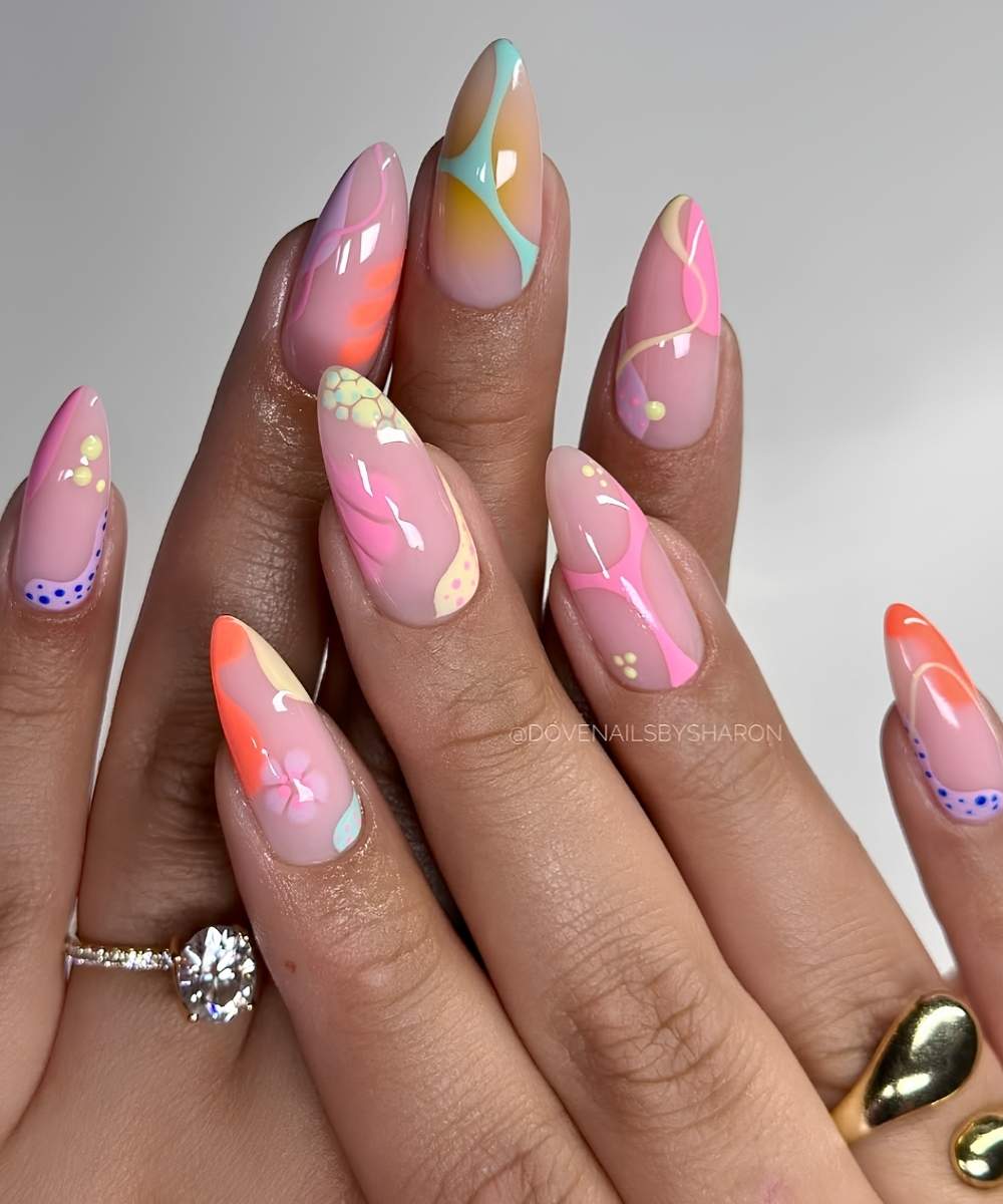 Abstract colorful nails with line art and florals