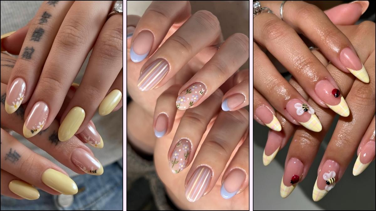 A collage of bee nail art for spring