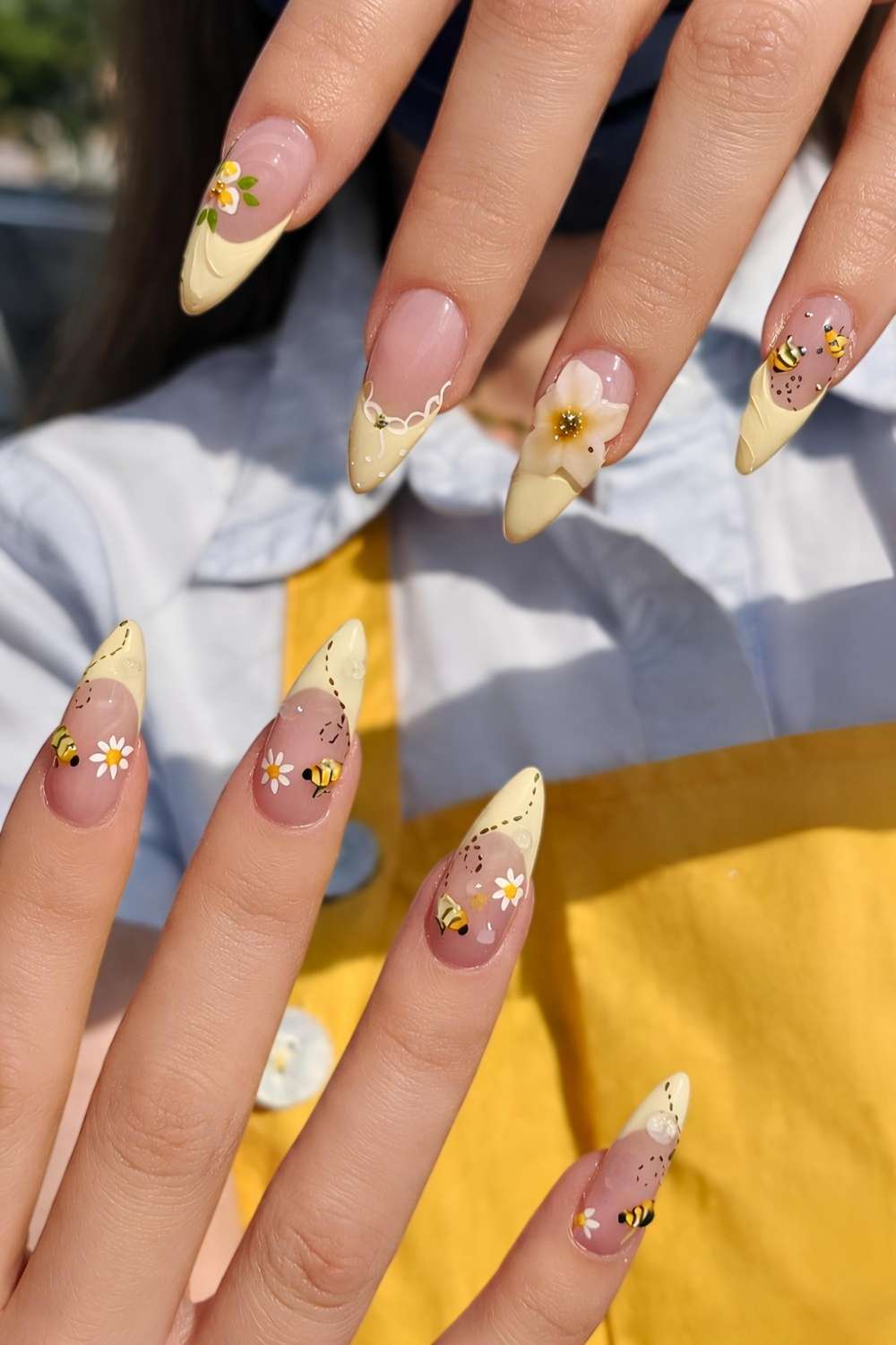 Butter yellow French mani with florals and bee art