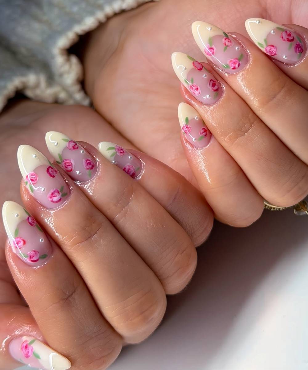 Butter yellow French nails with pink roses
