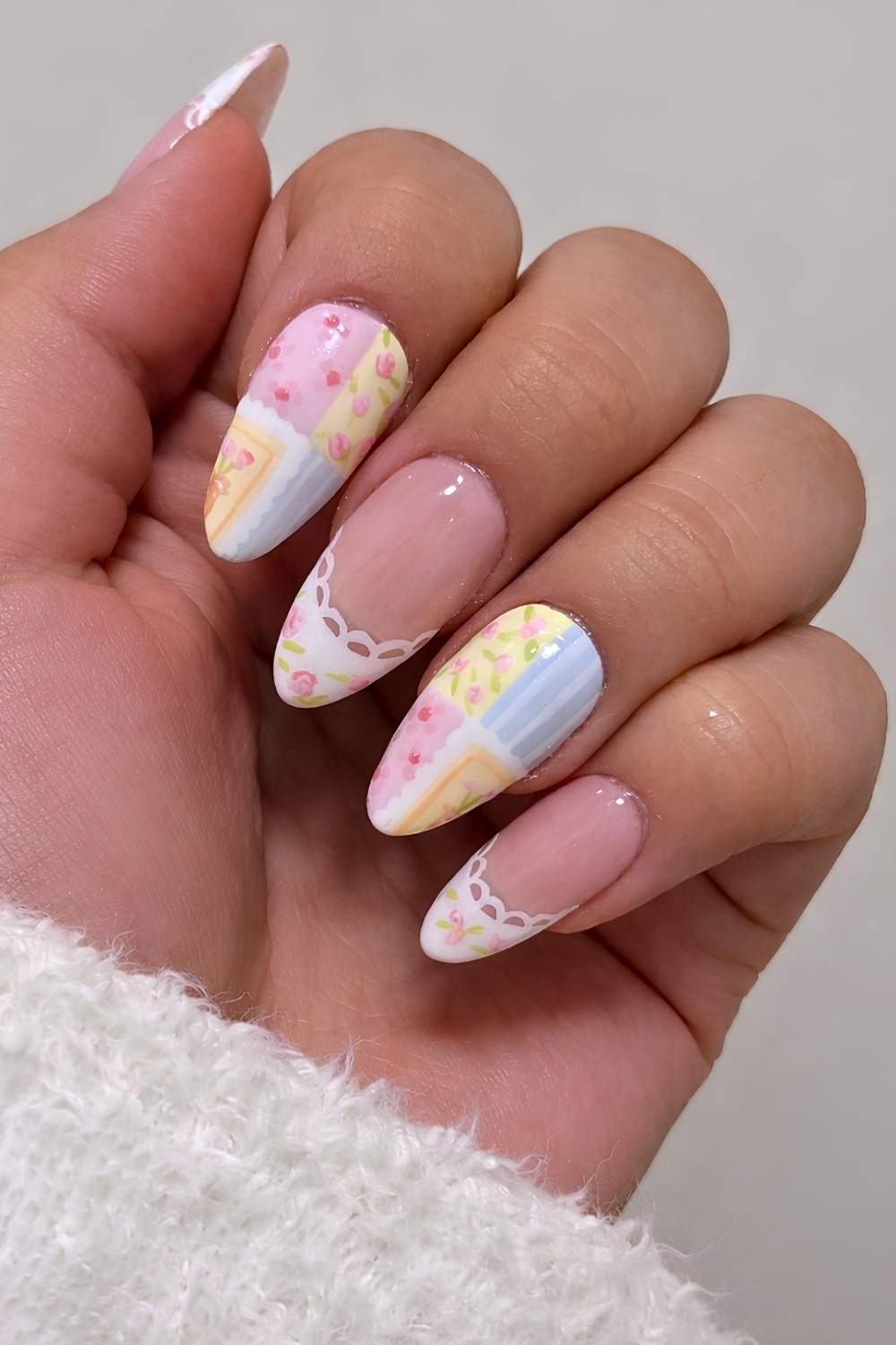 Colorful pastel mani with patchwork art