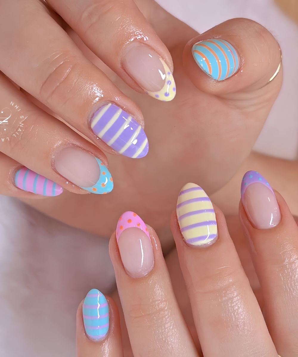 Colorful pastel mani with stripes and dots
