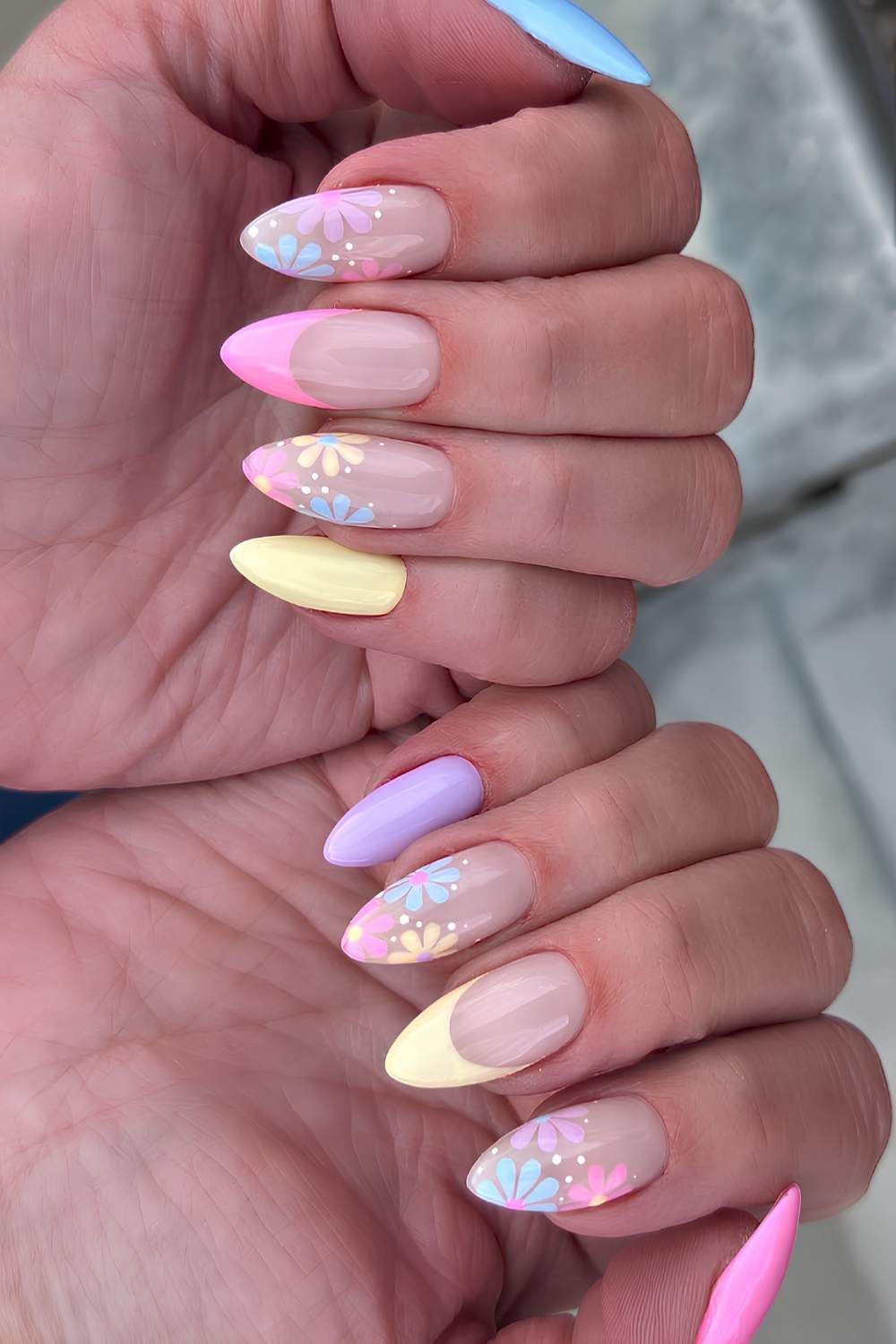 Colorful pastel manicure with floral art