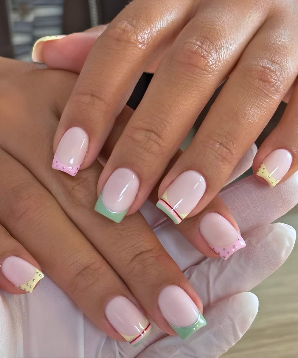 Colorful pastel mix and match French manicure