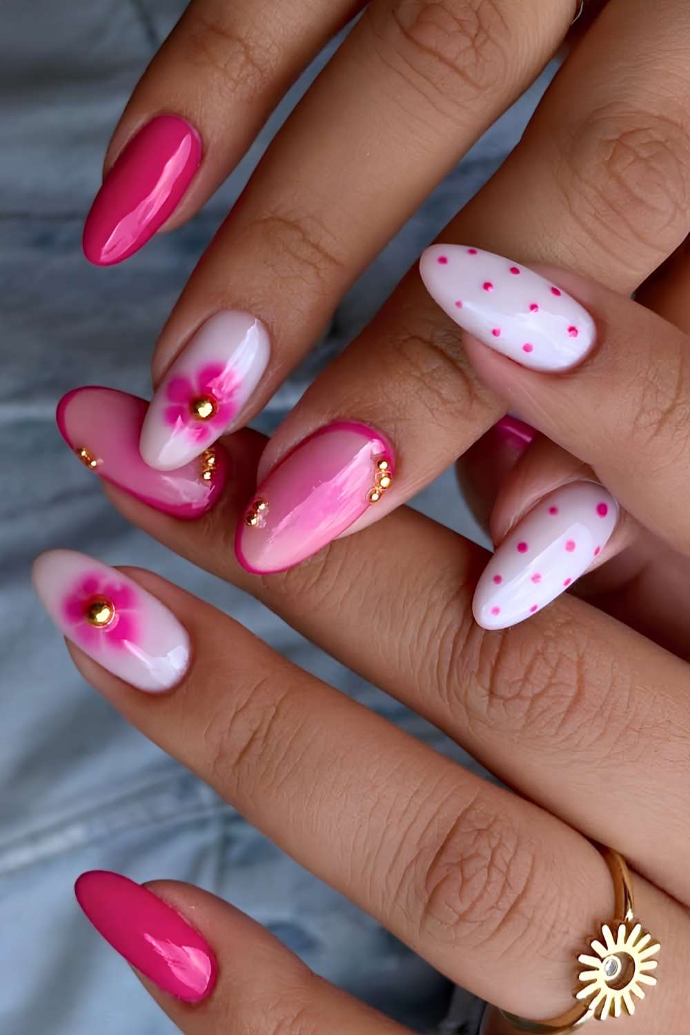 Hot pink and white mani with flowers and dots