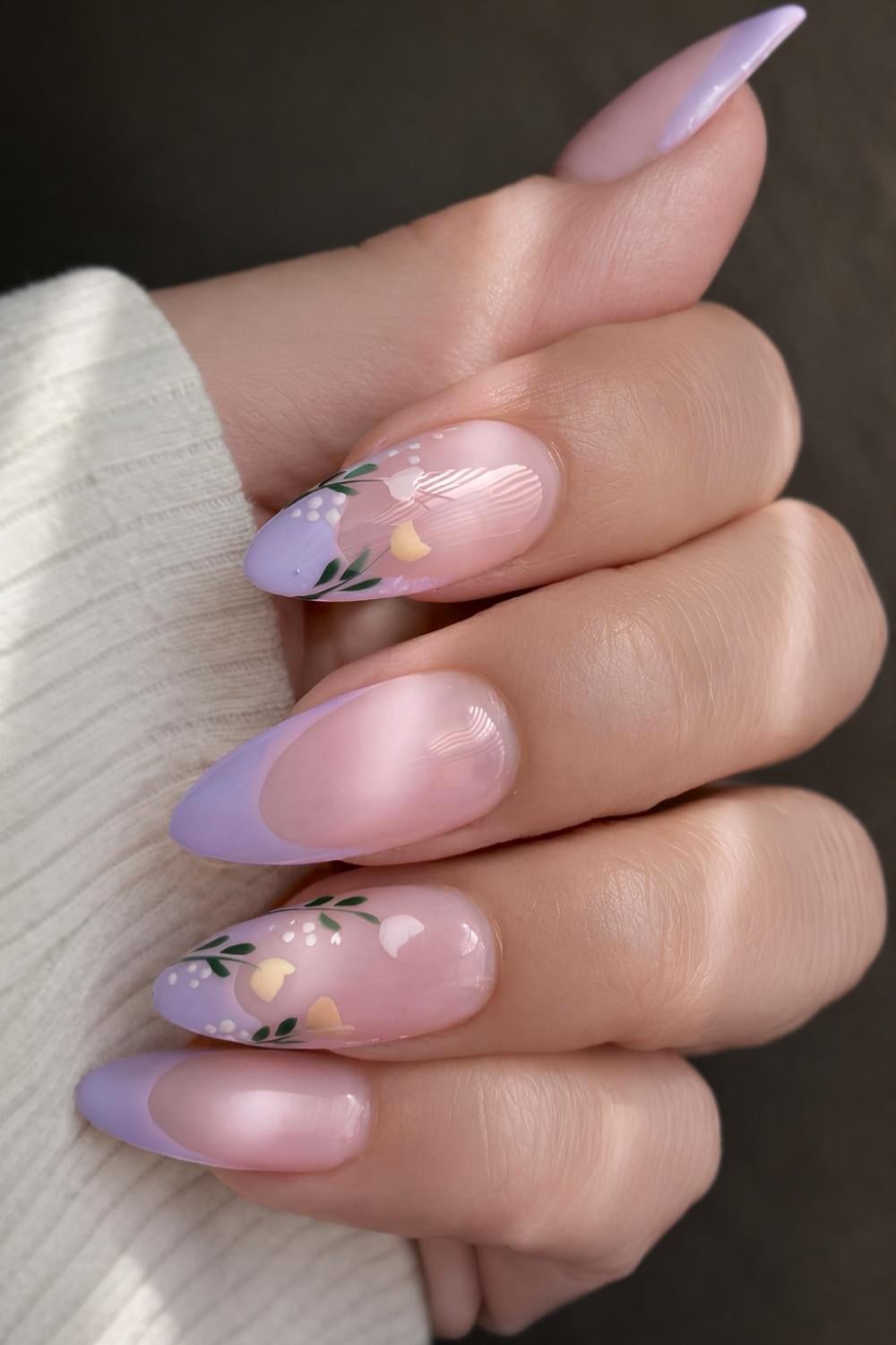 Lavender French mani with yellow tulip art