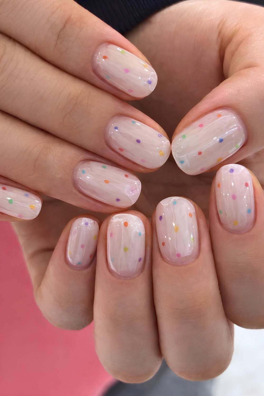 Milky white nails with colorful polka dots