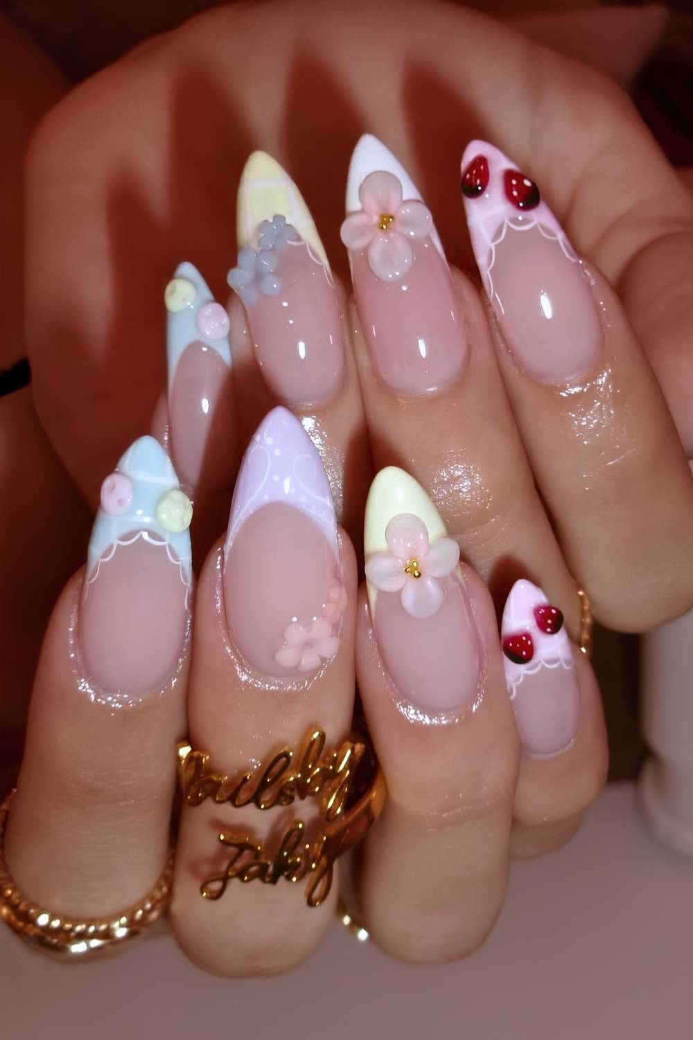Pastel French mani with ladybugs and lace details