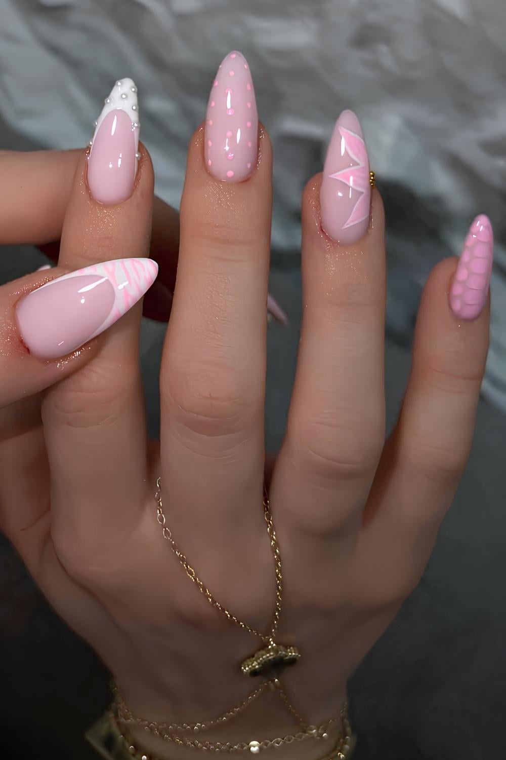 Pastel pink and white mismatched nails