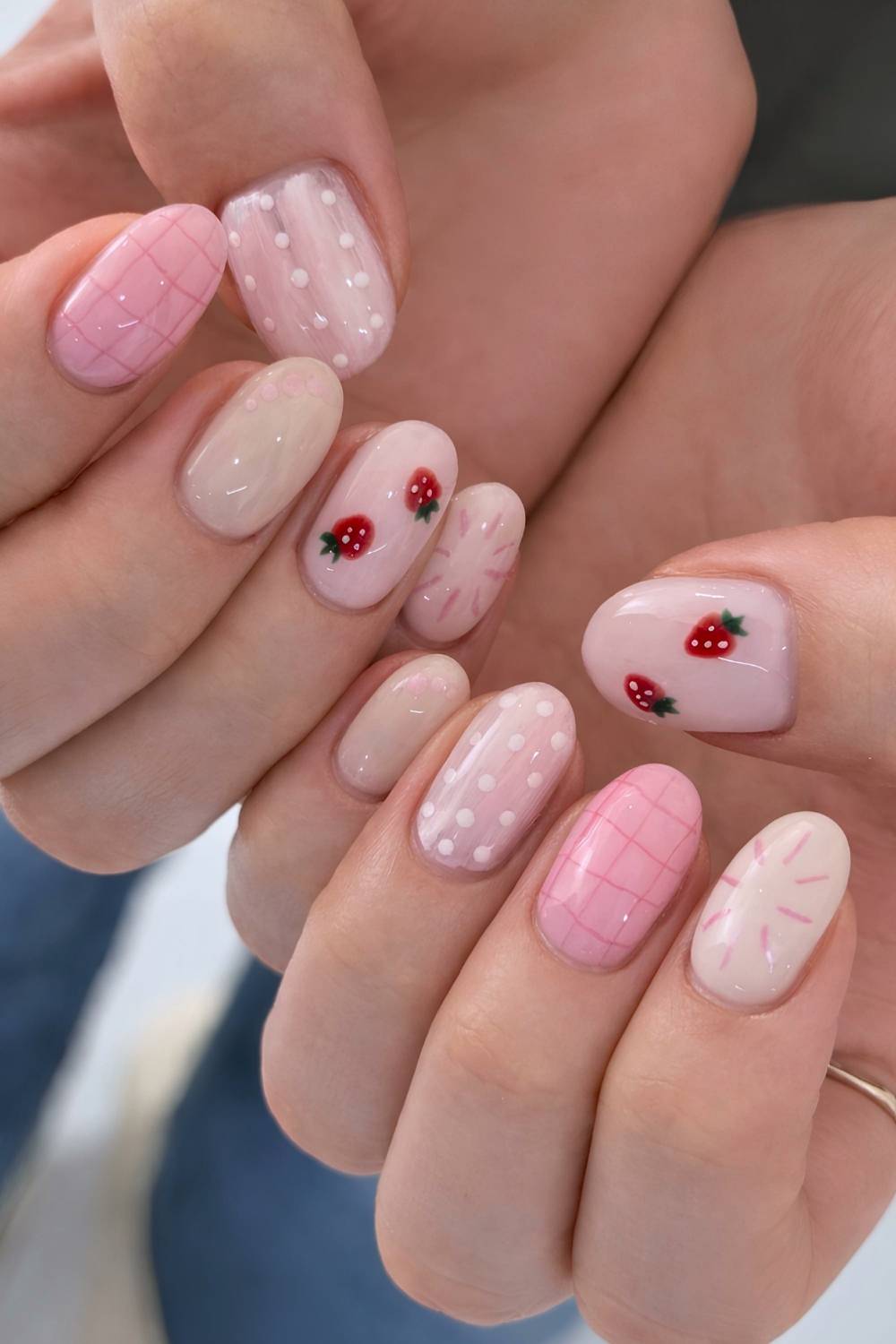 Pastel pink and white strawberry nails