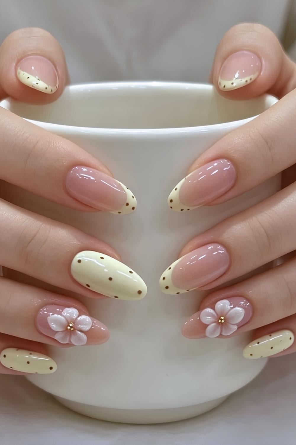Pastel yellow mani with dots and 3d florals