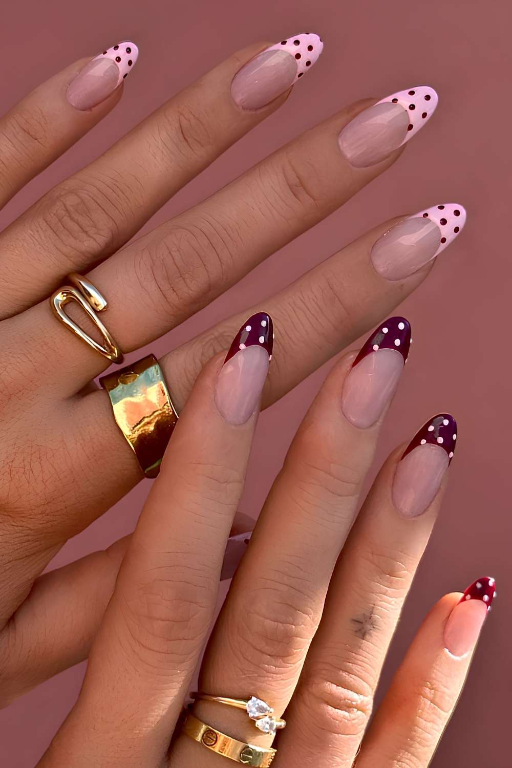 Pink and burgundy polka dot French nails