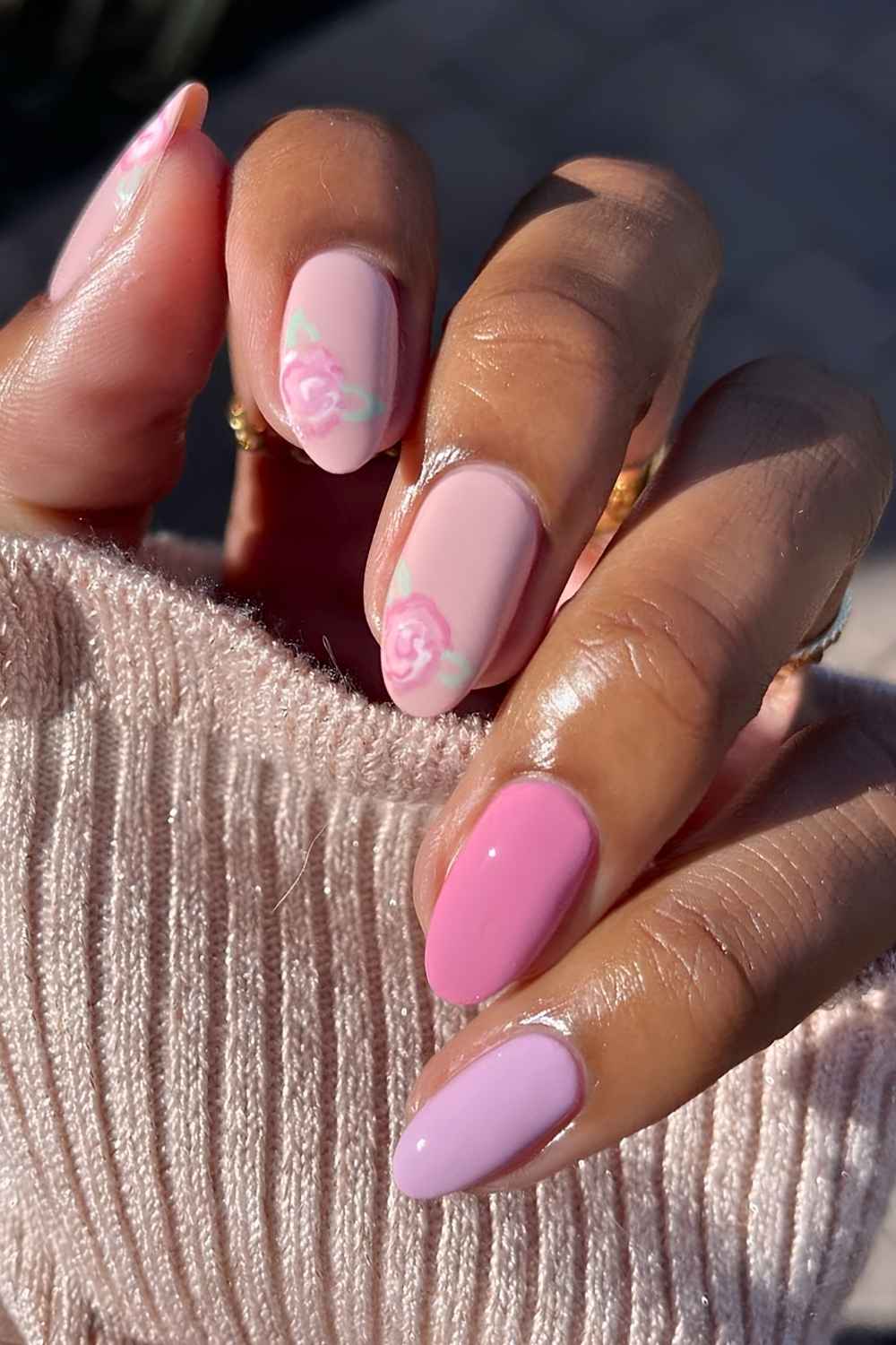 Pink and lavender rose nail art