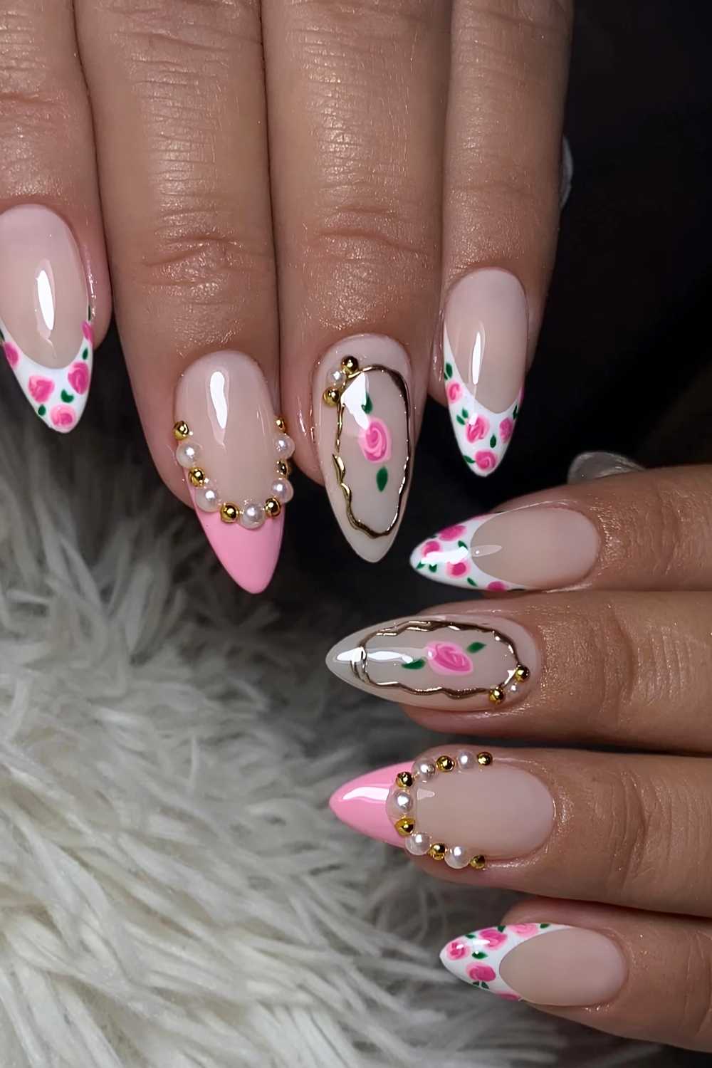 Pink and white coquette French mani with roses
