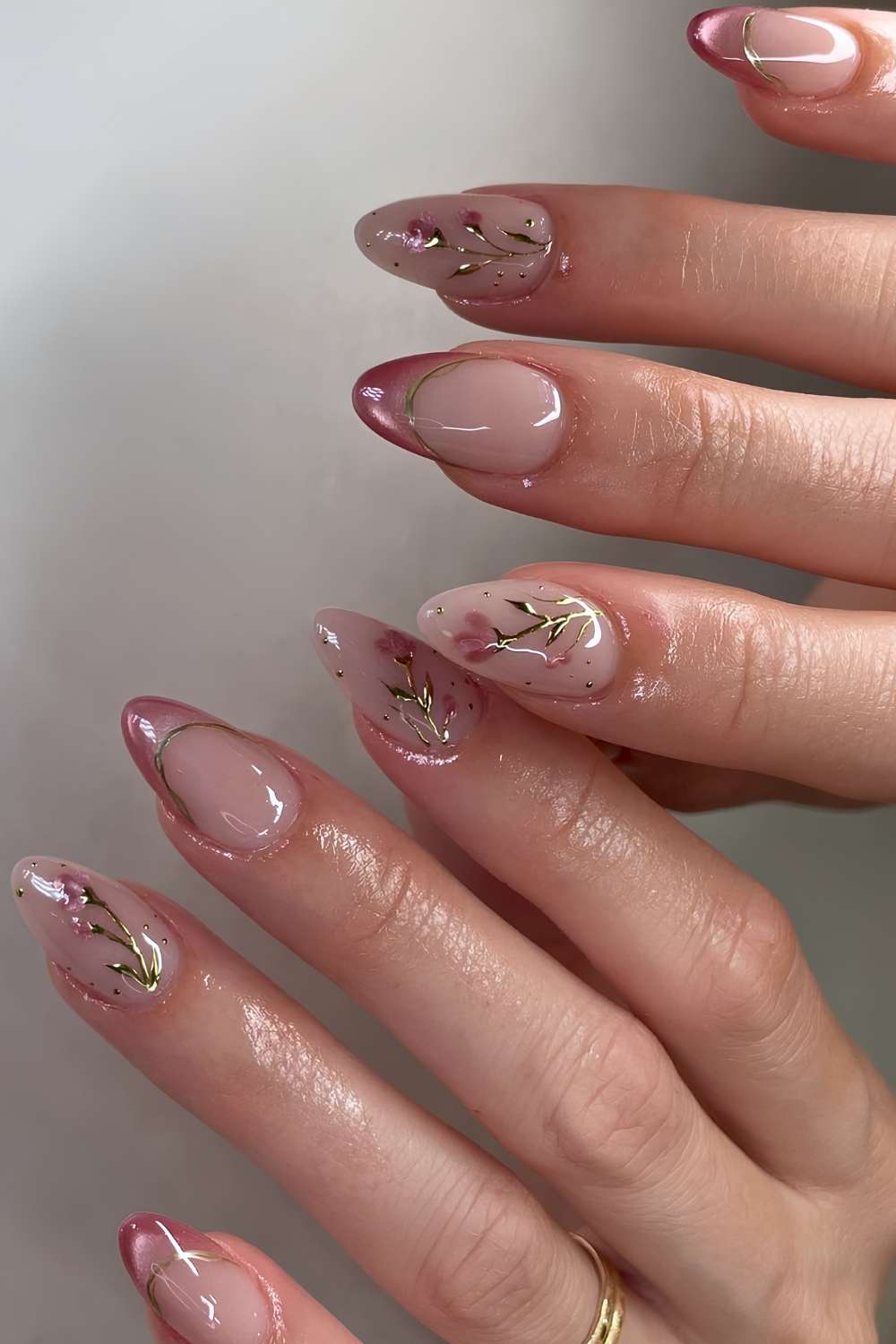 Pink cat eye French with floral art