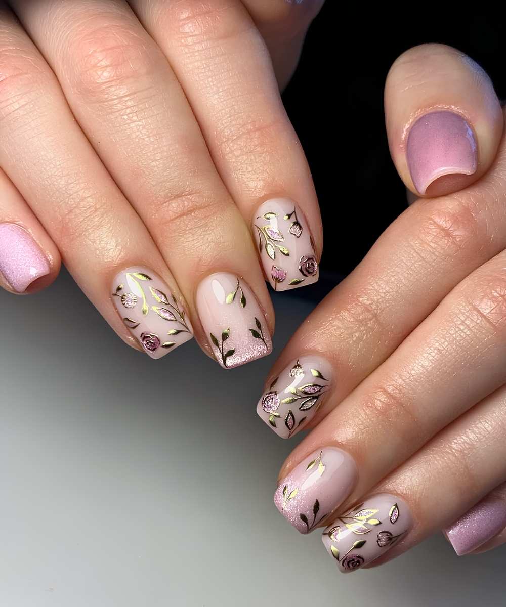 Pink cat eye nails with rose art