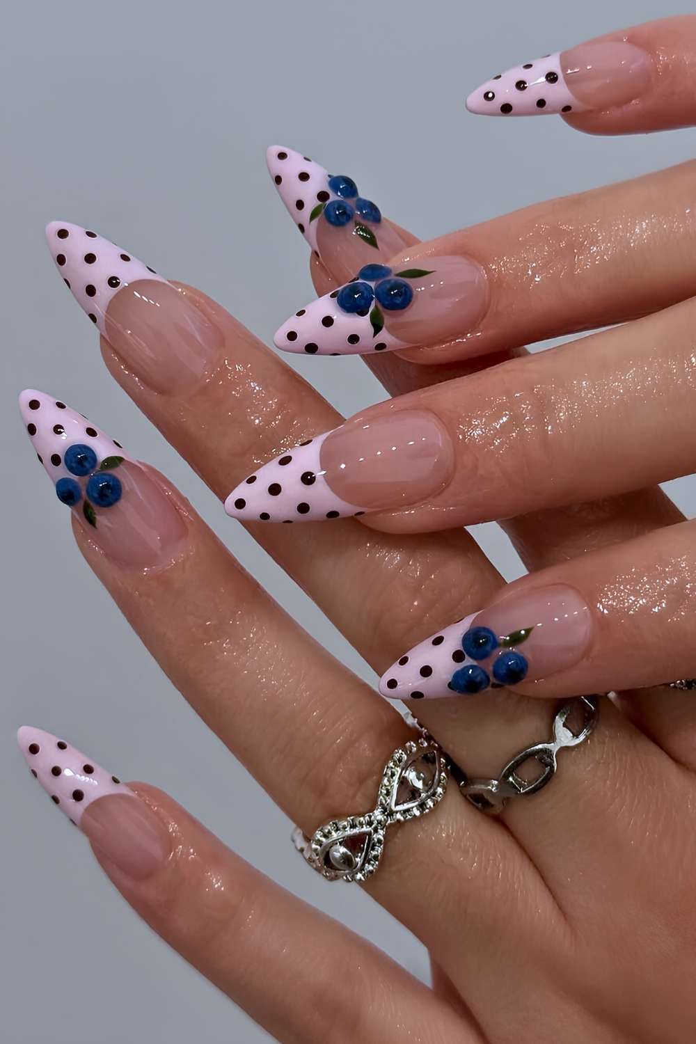 Pink polka dot French mani with 3d blueberry art